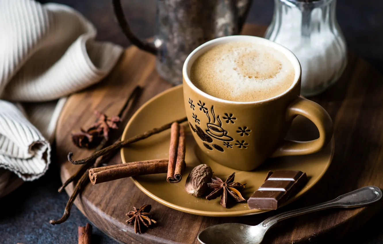 Фото обои кофе, шоколад, чашка, корица, ваниль, бадьян