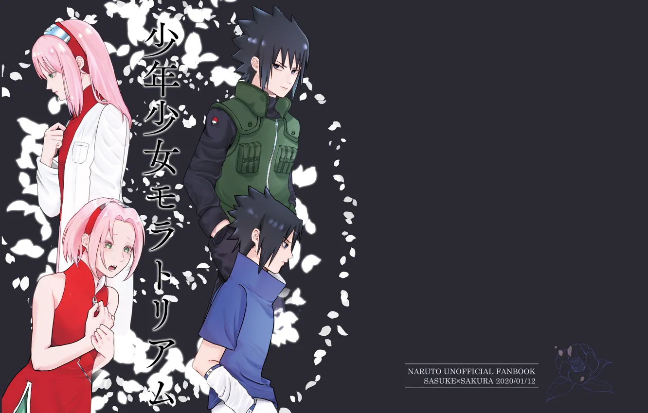 Фото обои лепестки, Наруто, Naruto, Саске Учиха, Сакура Харуно