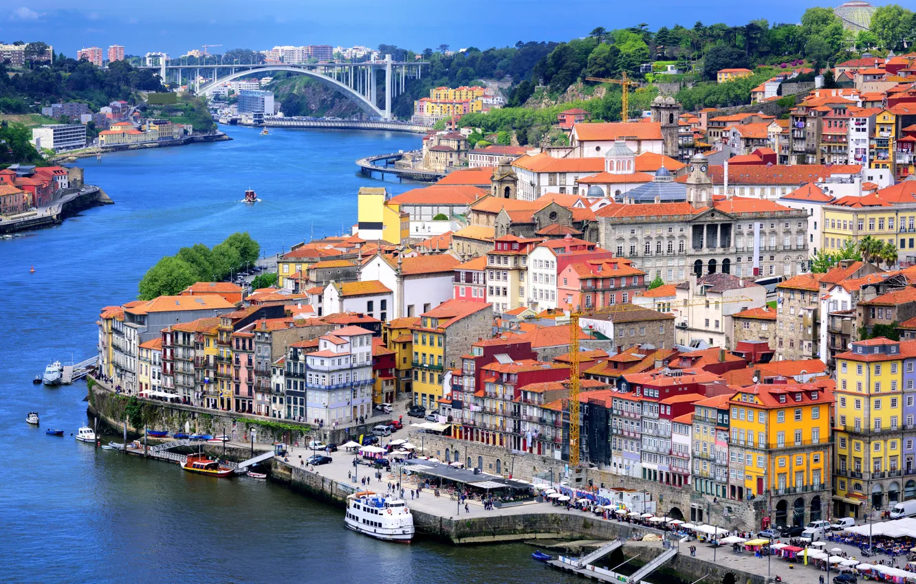 Фото обои деревья, мост, река, дома, Португалия, вид сверху, Порту