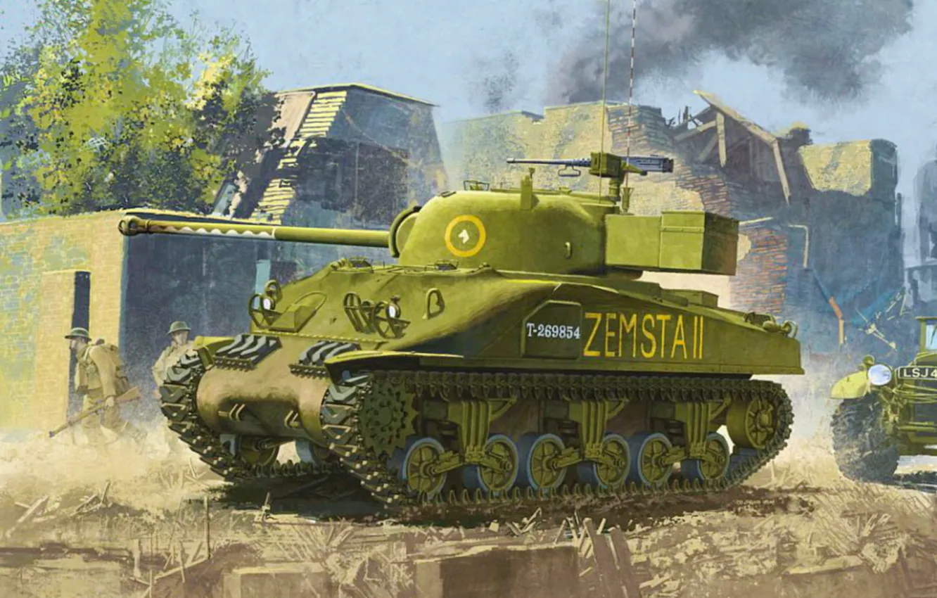 Фото обои war, art, painting, tank, ww2, Sherman Firefly