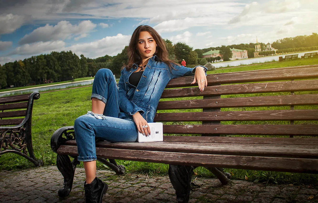 Фото обои long hair, woman, young, beautiful, model, suit, denim