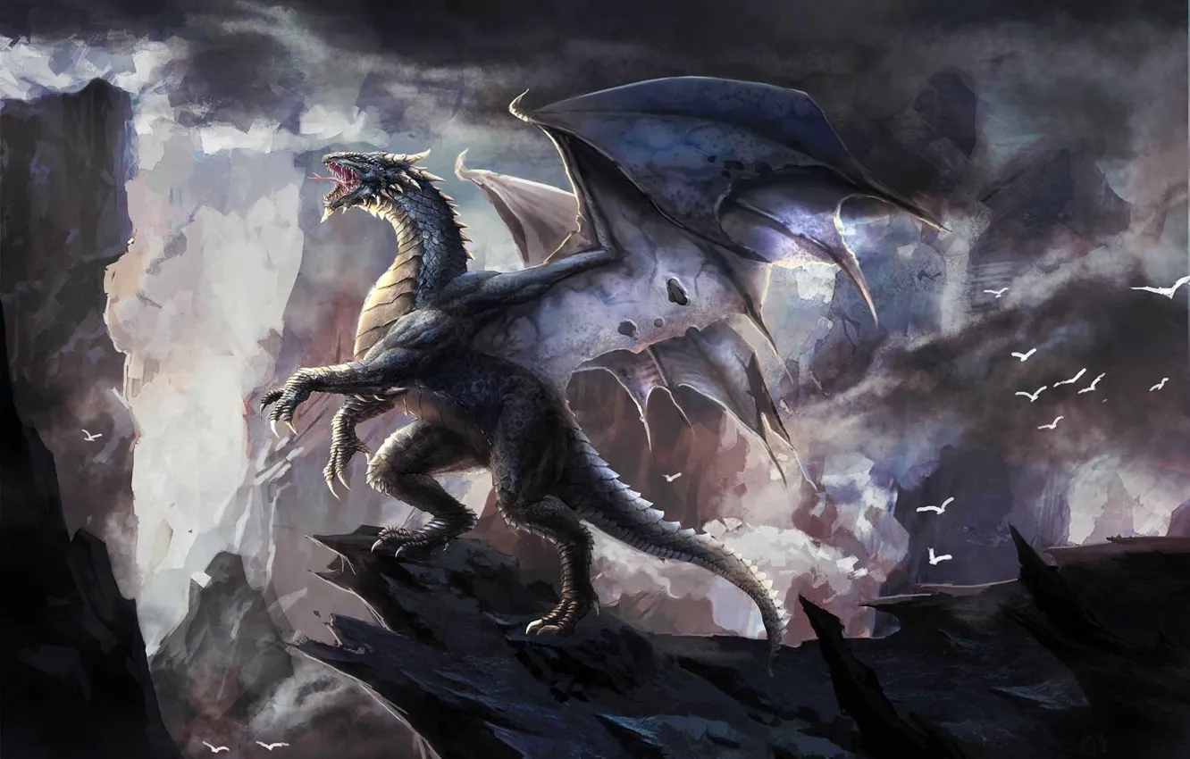 Фото обои облака, птицы, скалы, дракон, монстр, арт, рык