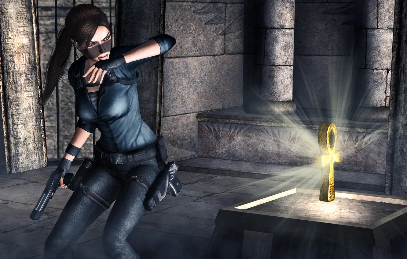 Фото обои девушка, свет, оружие, пистолеты, игра, храм, Lara Croft, Tomb raider