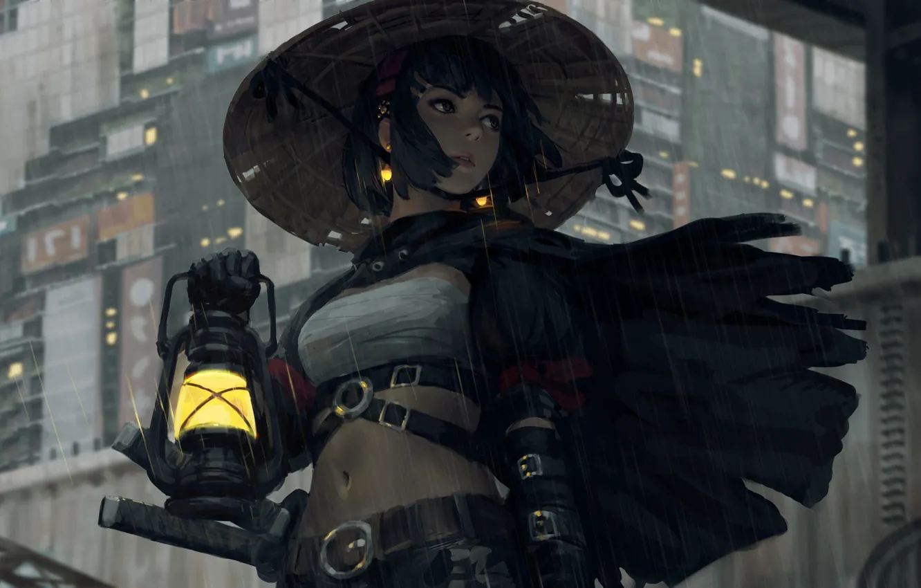 Фото обои girl, sword, fantasy, rain, hat, katana, samurai, digital art