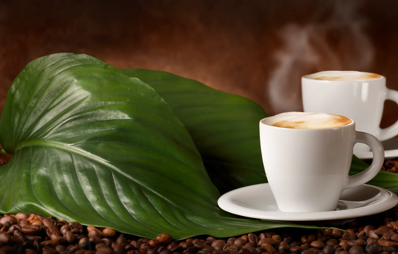 Фото обои листочки, кофейные зерна, ароматный кофе