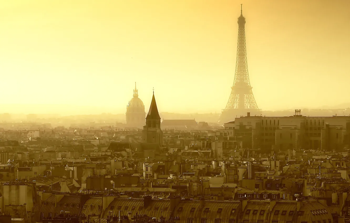 Фото обои city, light, Paris, France, sun, fog, houses, sunrise
