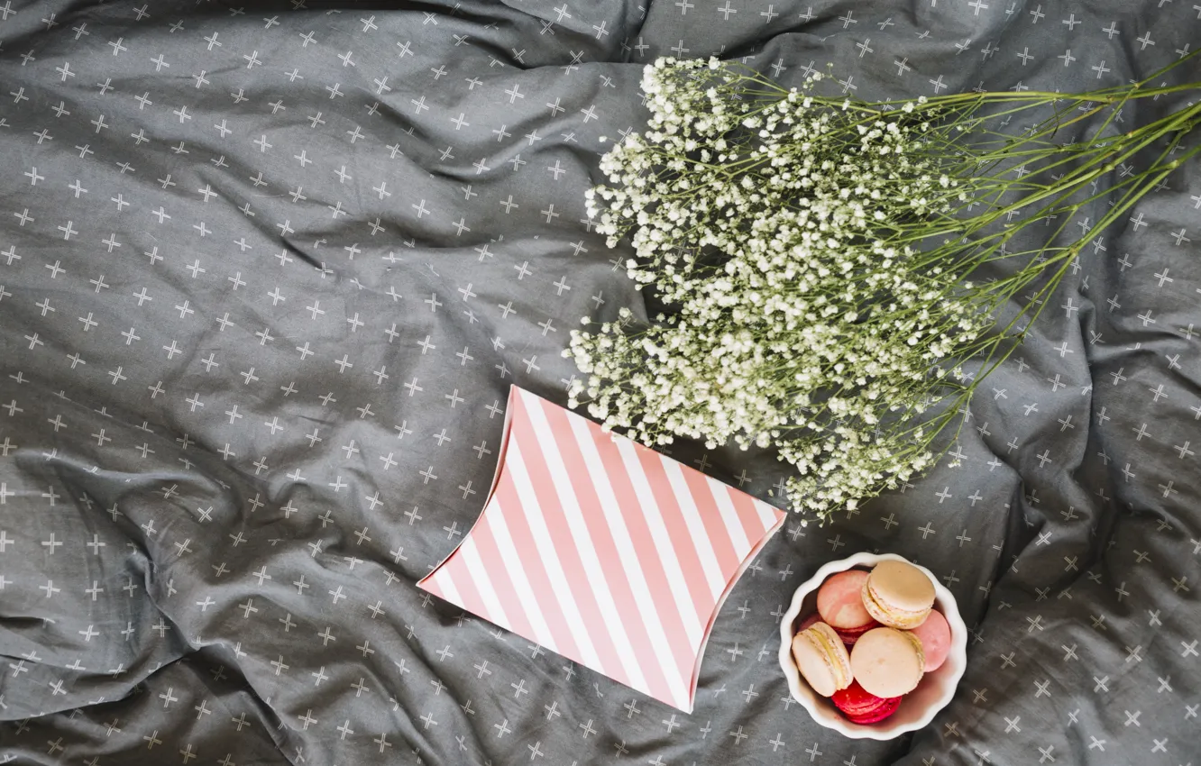 Фото обои цветы, подарок, покрывало, flowers, пирожные, gift, macaroon, macaron