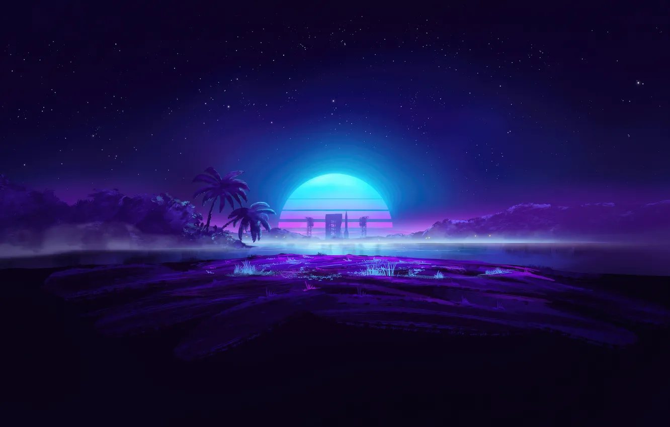 Фото обои небо, звезды, ночь, ретро, пальмы, неон, горизонт, Vaporwave
