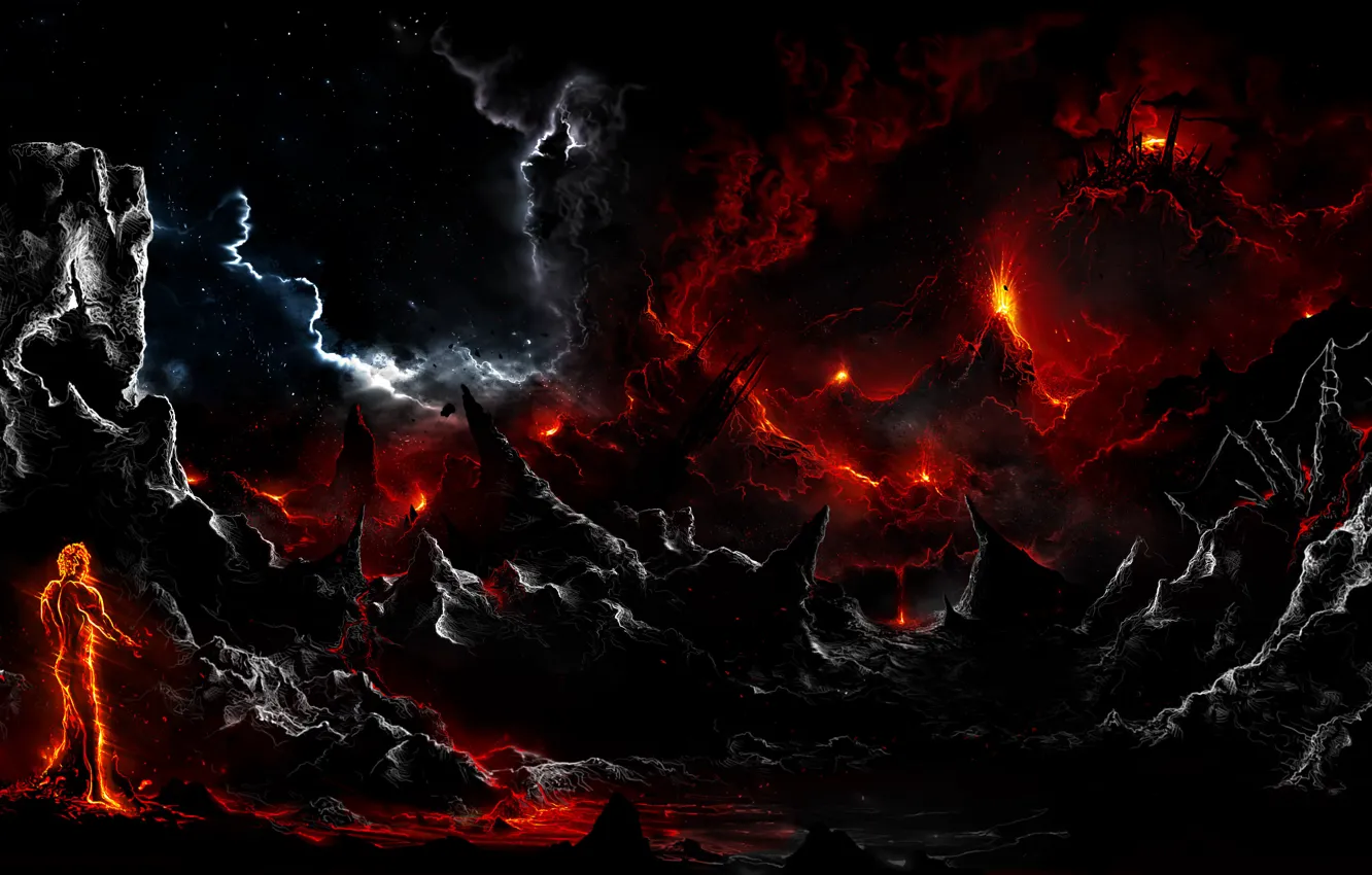 Фото обои тучи, скалы, огонь, темно, человек, арт, лава, Alberto Vangelista