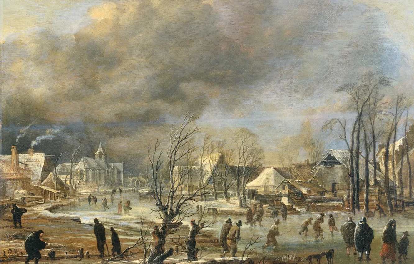 Фото обои пейзаж, дерево, масло, картина, Арт ван дер Нер, Деревня на Замерзшем Канале в Метель