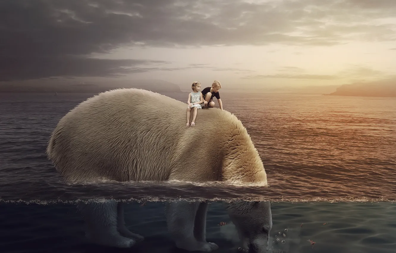Фото обои море, дети, медведь