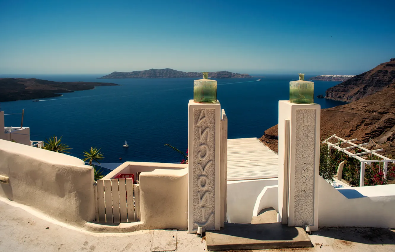 Фото обои море, остров, Санторини, Греция, отель, Santorini, Greece, Эгейское море