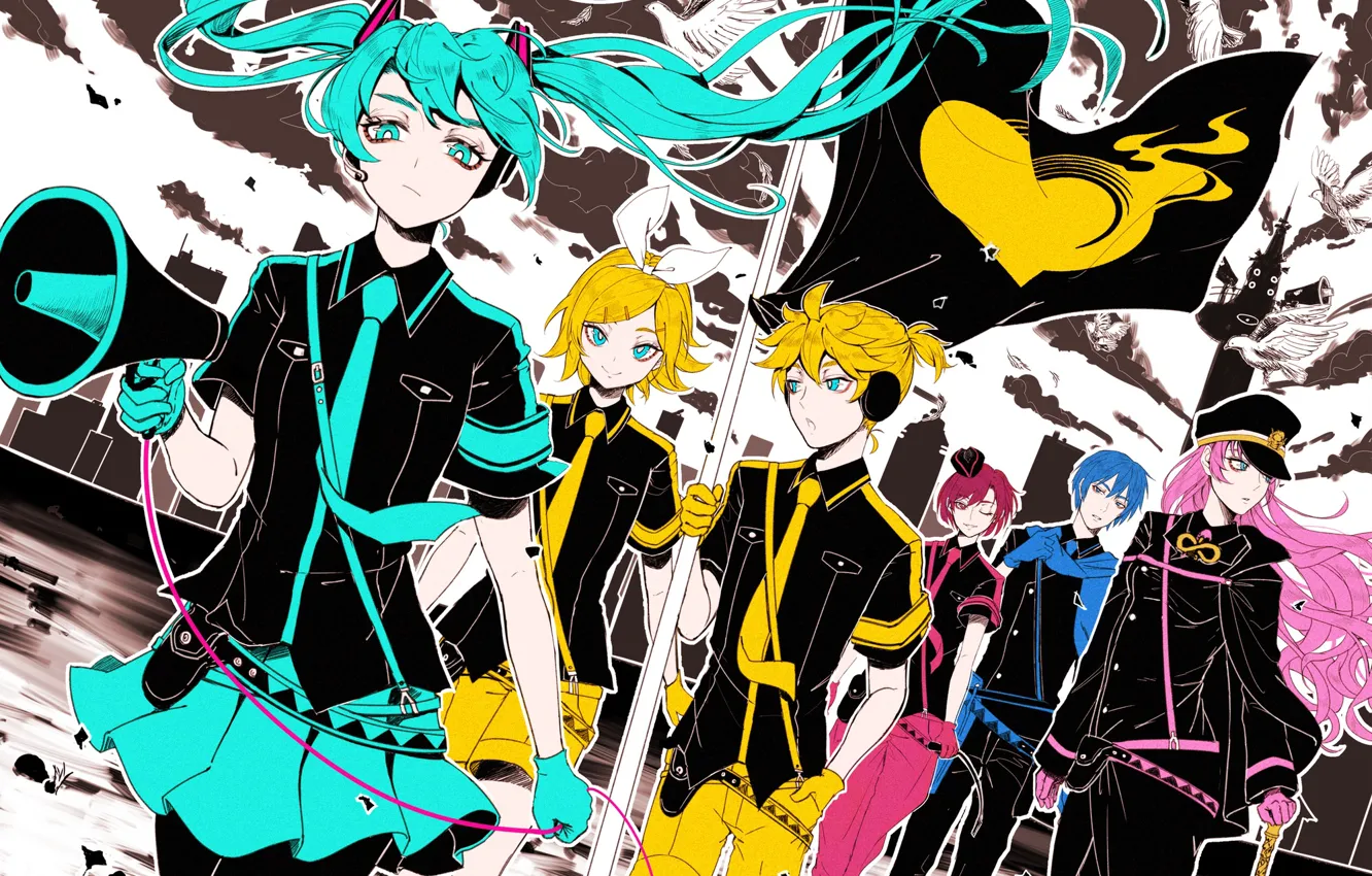 Фото обои флаг, Vocaloid, Вокалоид, персонажи, Рин, Хатсуне Мику, Лен