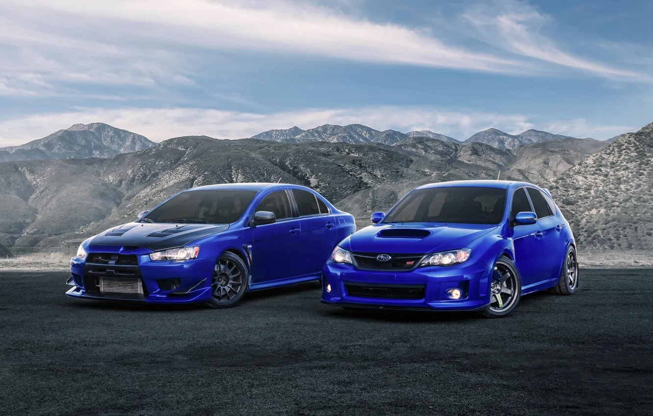 Фото обои Subaru, Impreza, Mitsubishi, Lancer, Evolution, blue, front, STi