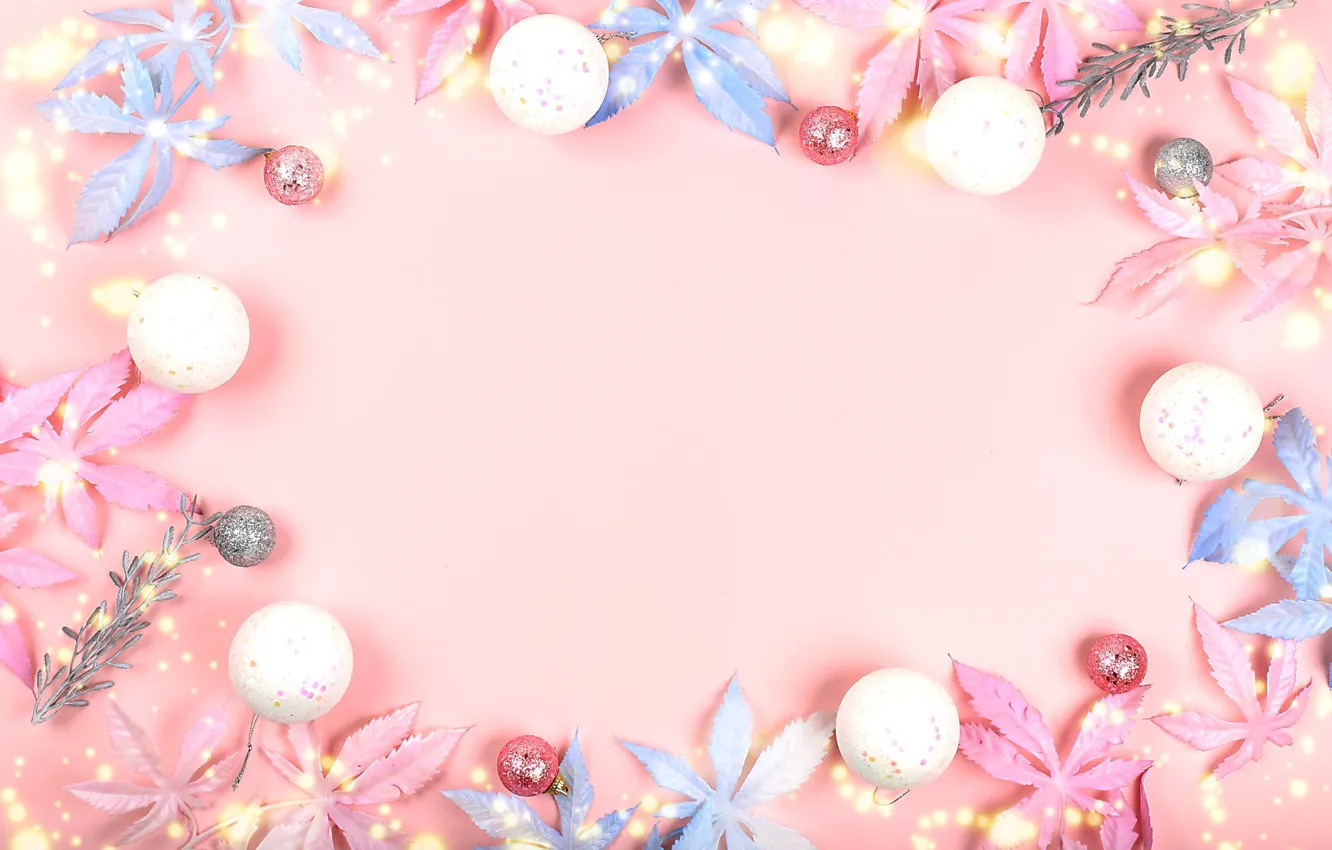 Фото обои листья, сияние, фон, розовый, праздник, цвет, Рождество, Новый год