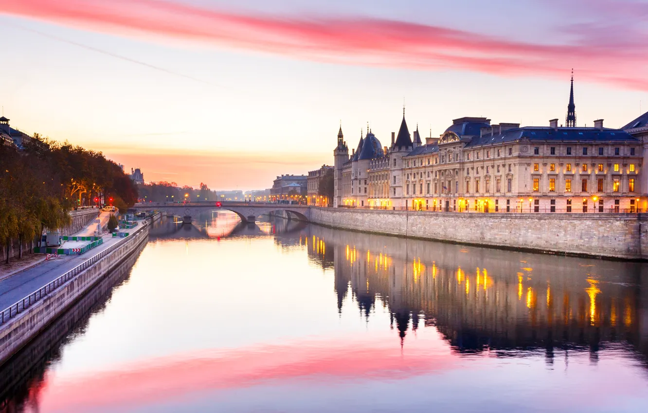 Фото обои река, Франция, Париж, Сена, зарево
