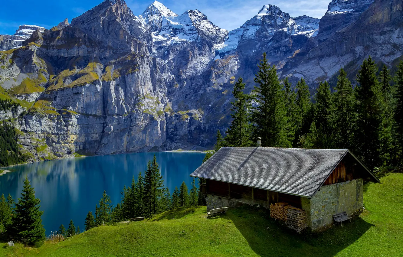 Фото обои лес, деревья, горы, озеро, скалы, Швейцария, дрова, домик