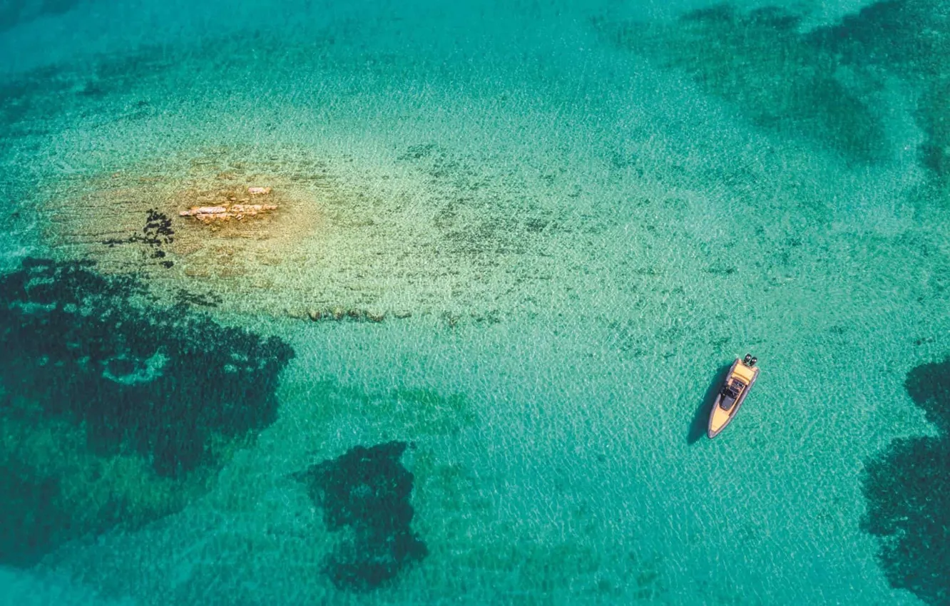 Фото обои лодка, сверху, Хорватия, Адриатика, Croatia, Ядран, бирюзовое море, Волшебный лабиринт между Задаром и Корнати
