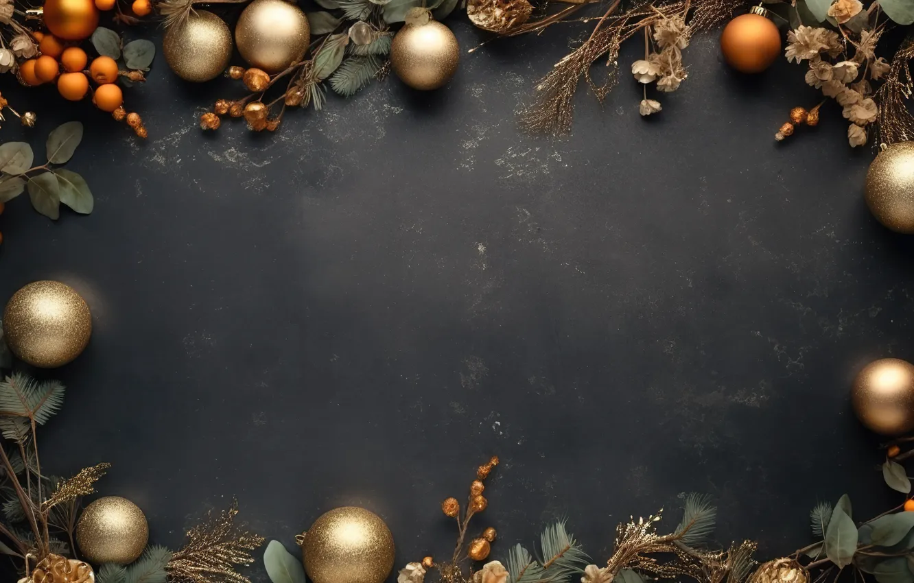 Фото обои украшения, темный фон, шары, рамка, Новый Год, Рождество, golden, new year