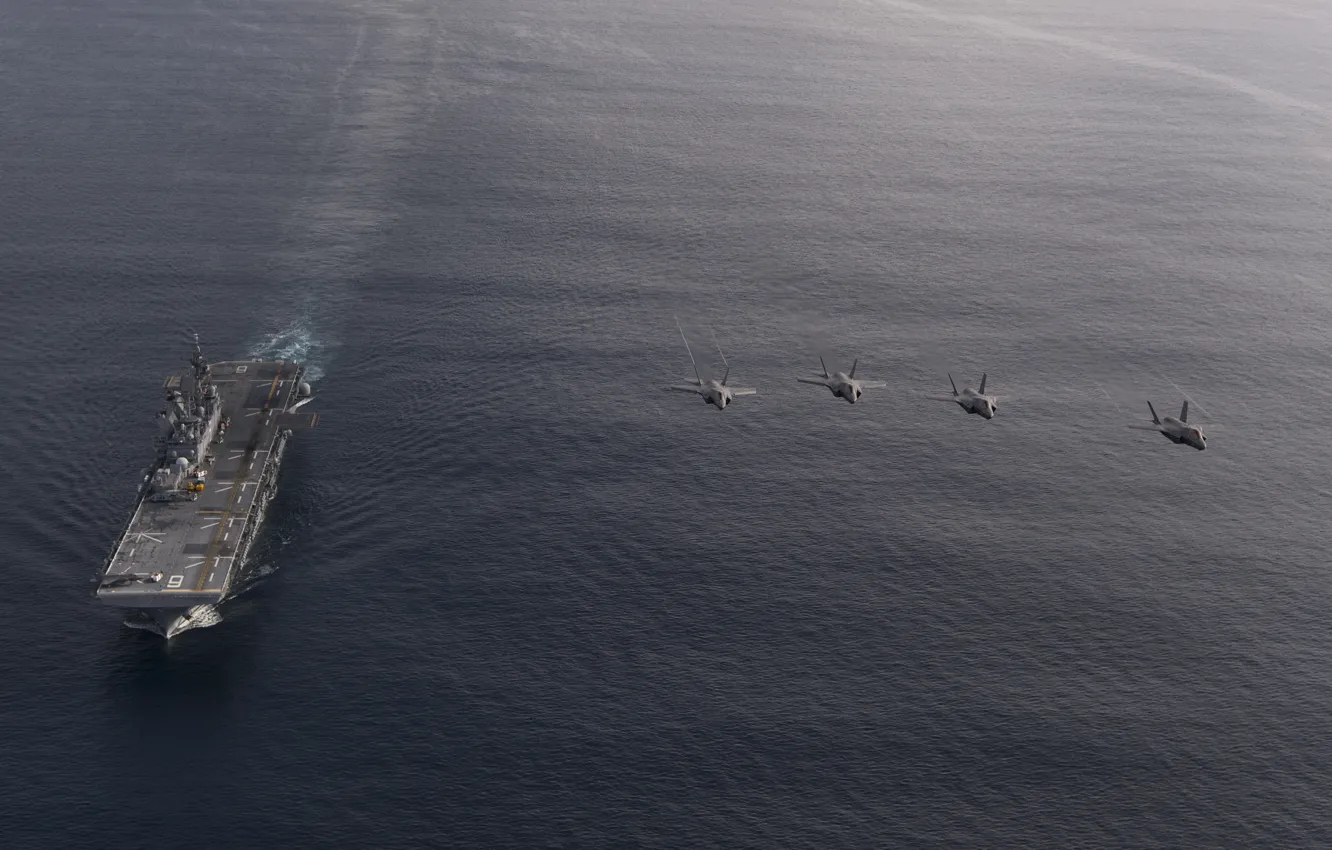 Фото обои море, корабль, истребители, F-35B, USS America