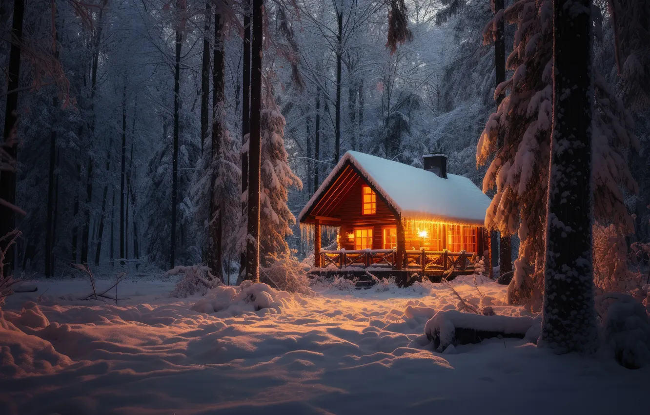 Фото обои зима, лес, снег, домик, house, хижина, forest, winter