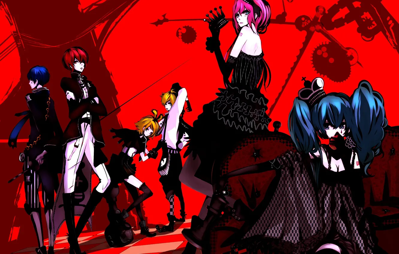 Фото обои аниме, арт, Vocaloid, Вокалоид, красный фон, персонажи