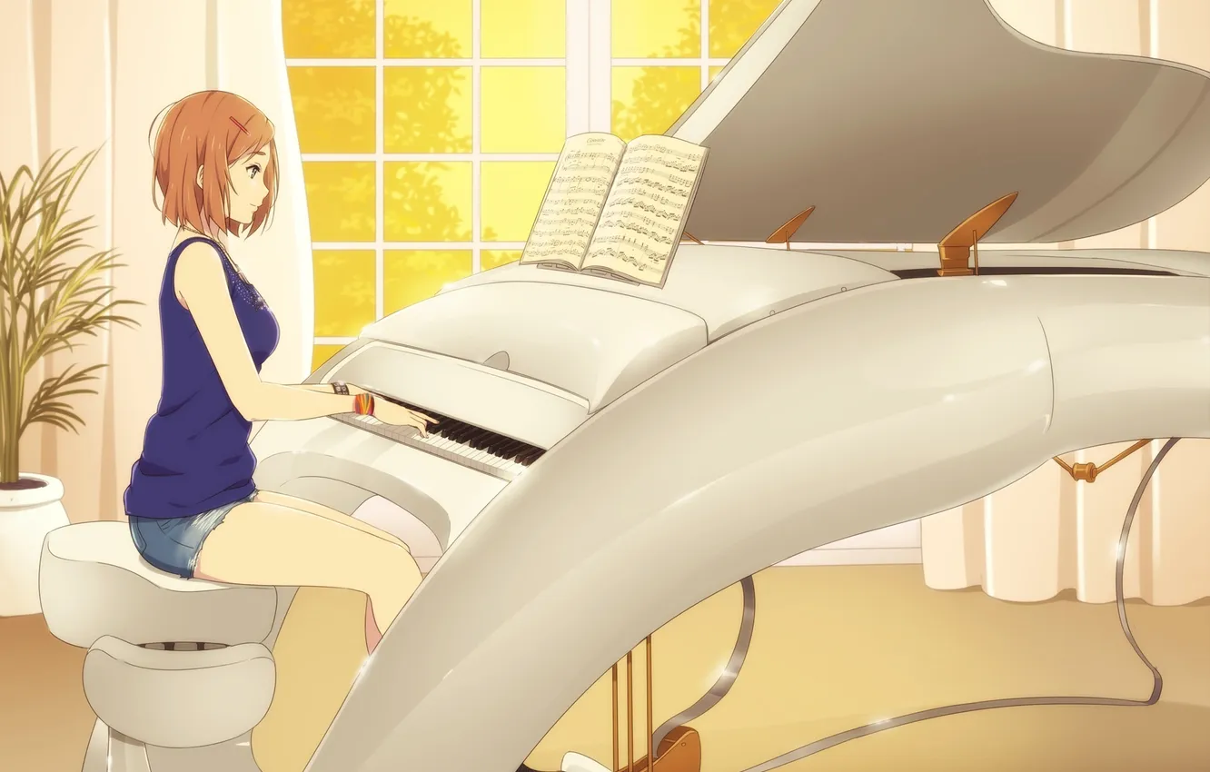 Фото обои белый, девушка, музыка, комната, рояль, арт, музыкальный инструмент
