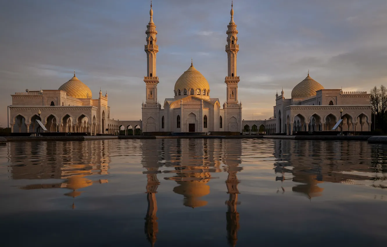 Фото обои вода, закат, город, отражение, башни, мечеть, купола, Татарстан