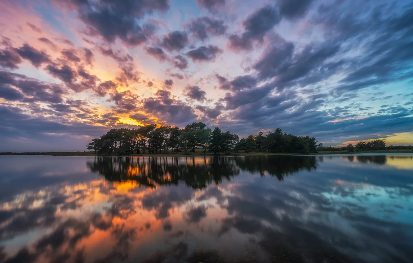 Фото обои небо, облака, деревья, закат, озеро, пруд, отражение, Англия