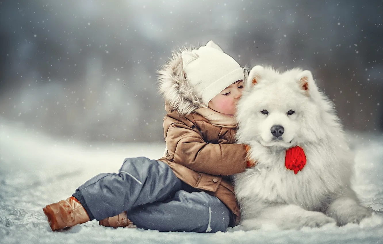 Фото обои зима, снег, животное, поцелуй, собака, ребёнок, пёс, Ксения Лысенкова