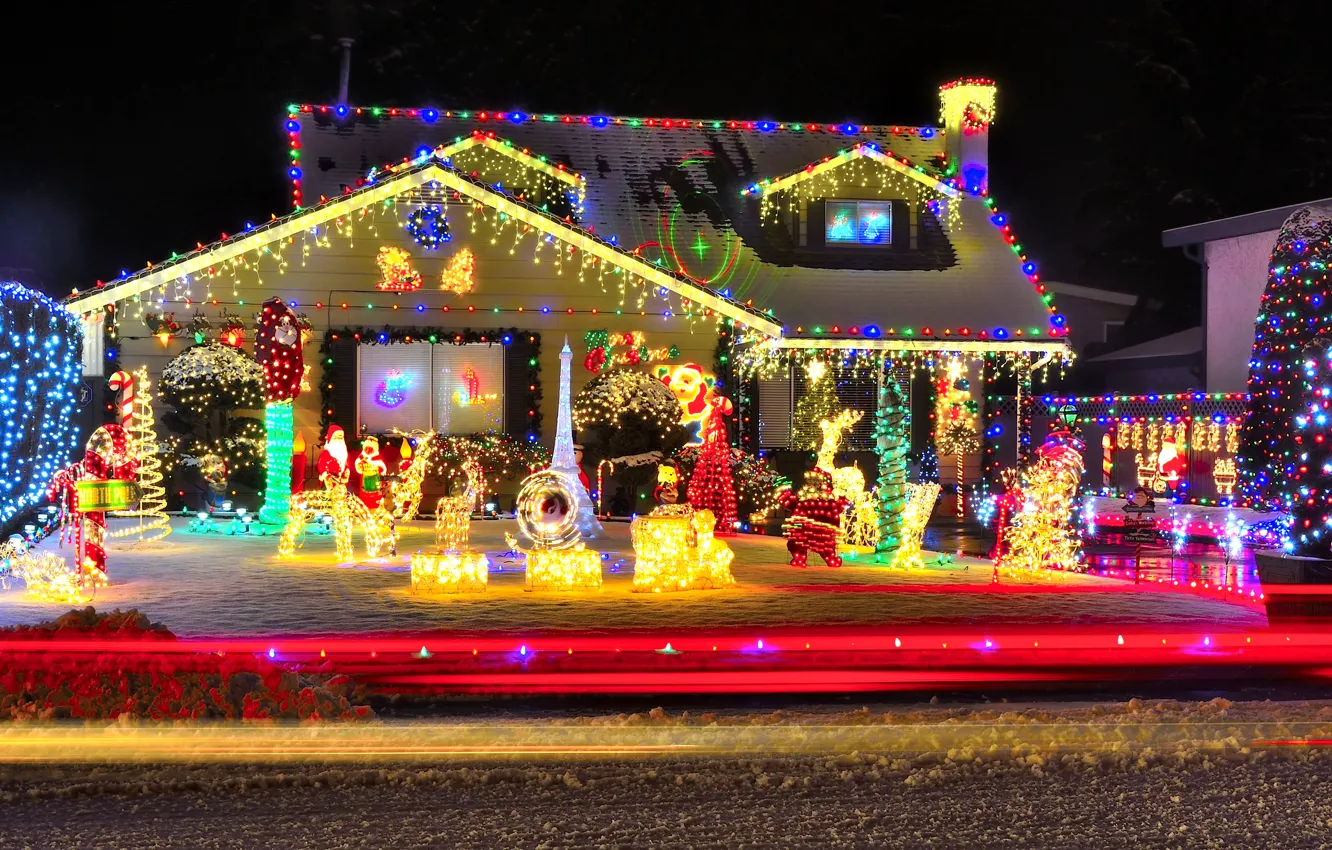 Фото обои зима, украшения, огни, новый год, house, гирлянда, winter, New Year