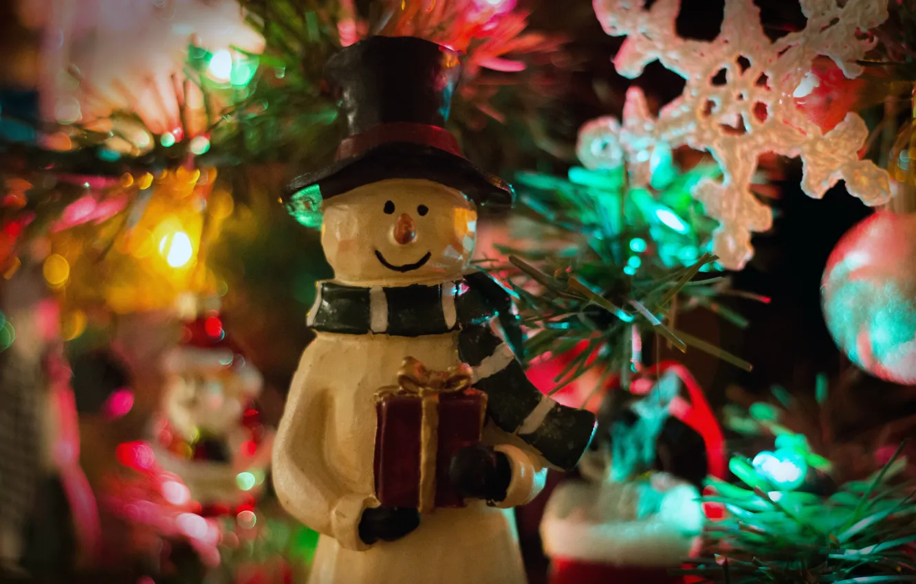 Фото обои праздник, игрушка, елка, новый год, снеговик