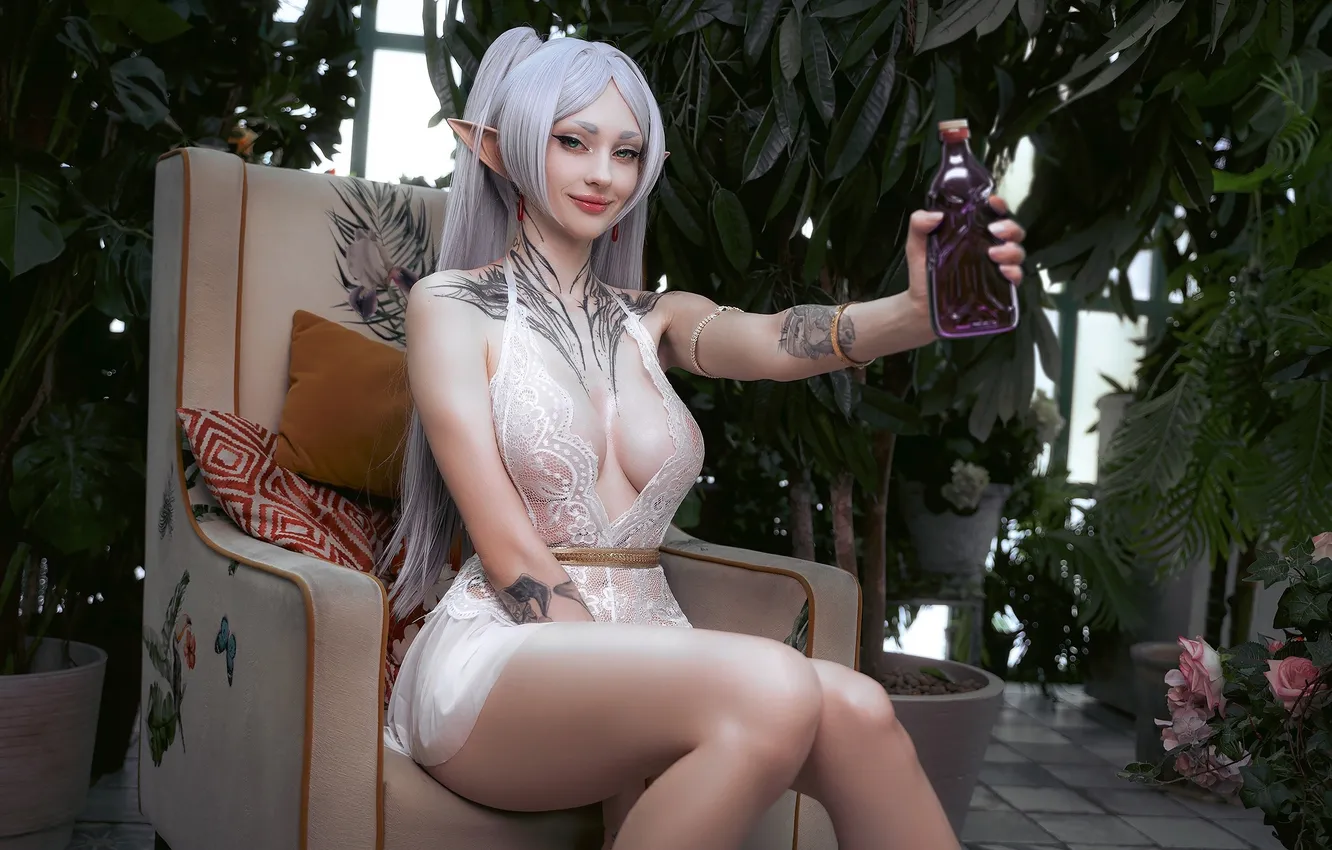 Фото обои rose, green eyes, legs, anime, flowers, tattoo, women, cosplay