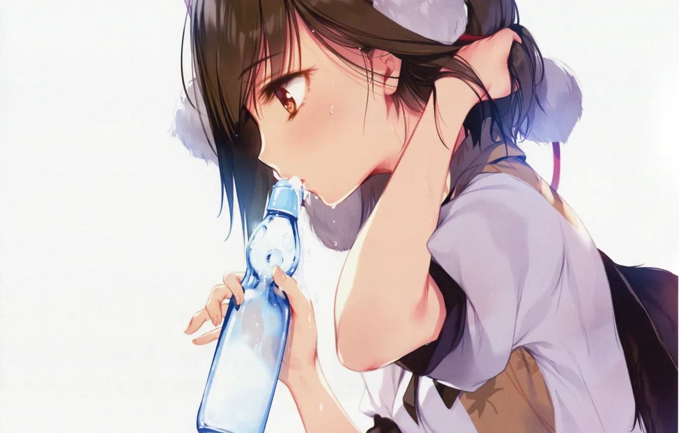 Фото обои вода, жажда, бутылка, белый фон, touhou, art, ke-ta, aya shameimaru