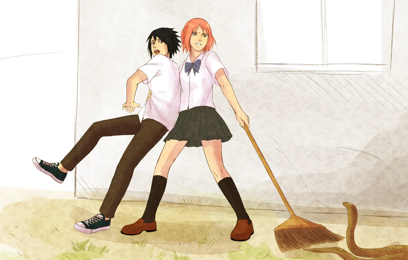 Фото обои испуг, змея, naruto, art, Sasuke Uchiha, Sakura Haruno