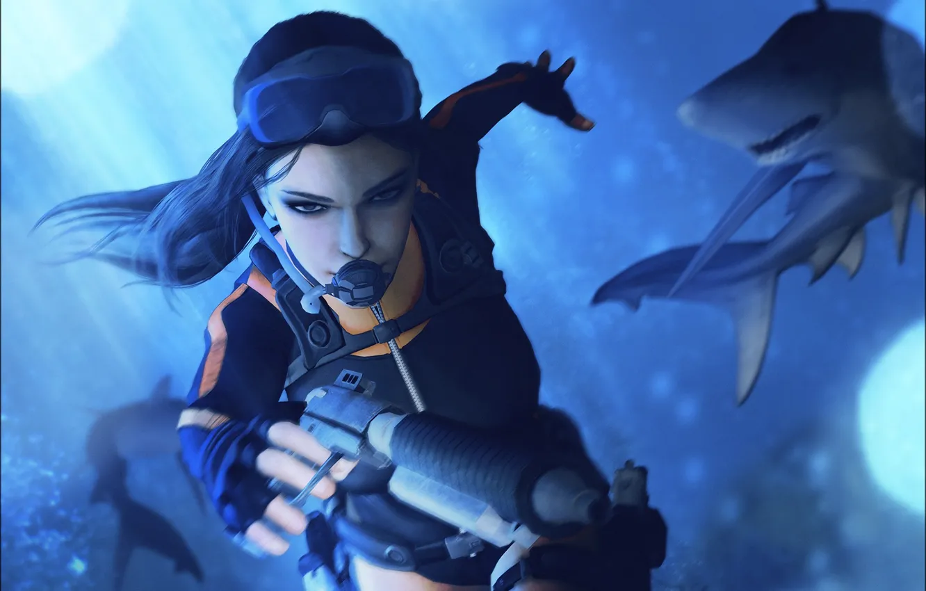 Фото обои Tomb Raider, underwater, shark, Lara Croft
