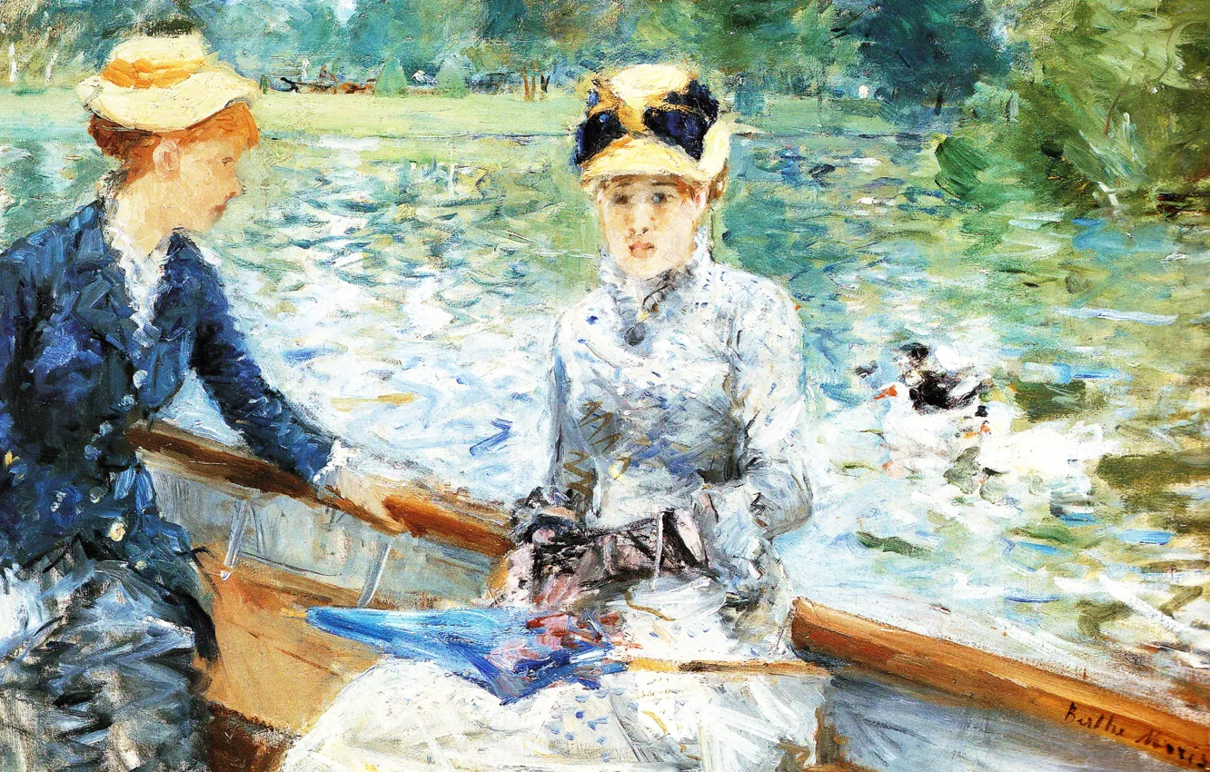 Фото обои озеро, девушки, картина, Летний день, Berthe Morisot, Берта Моризо