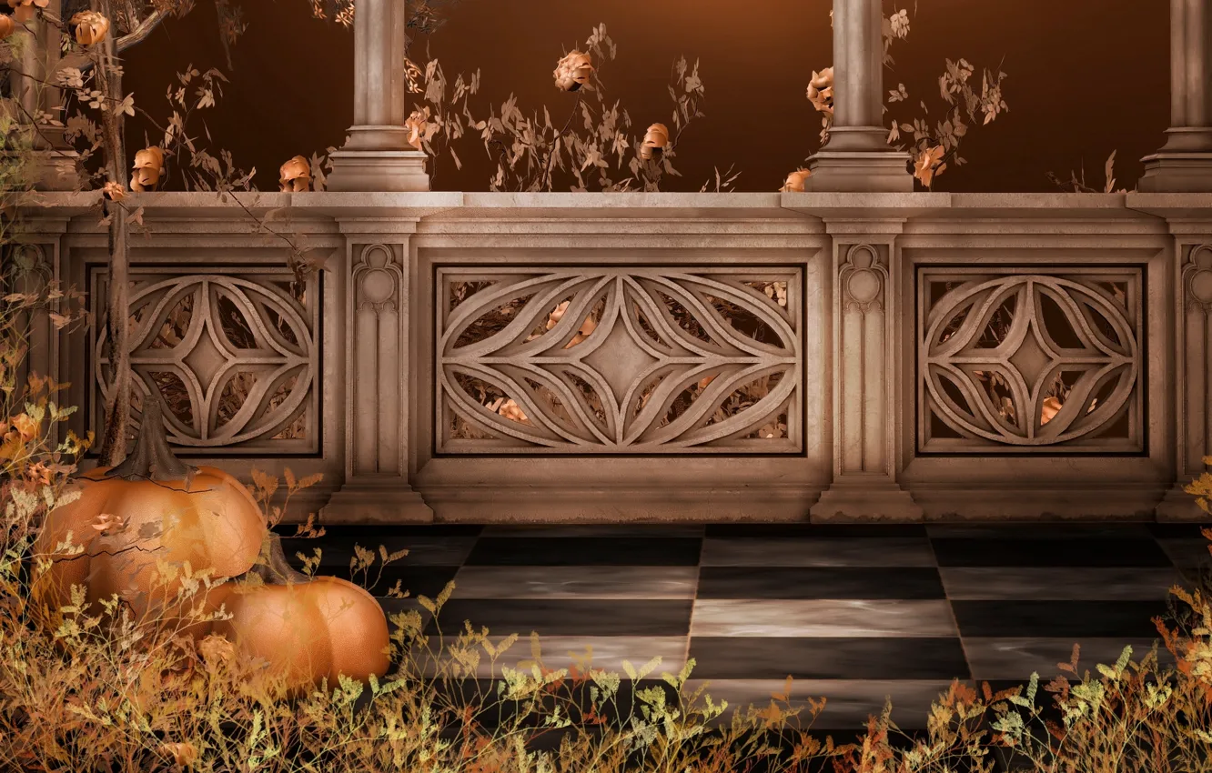 Фото обои осень, праздник, тыквы, колонны, Halloween, балкон, Хэллоуин, autumn