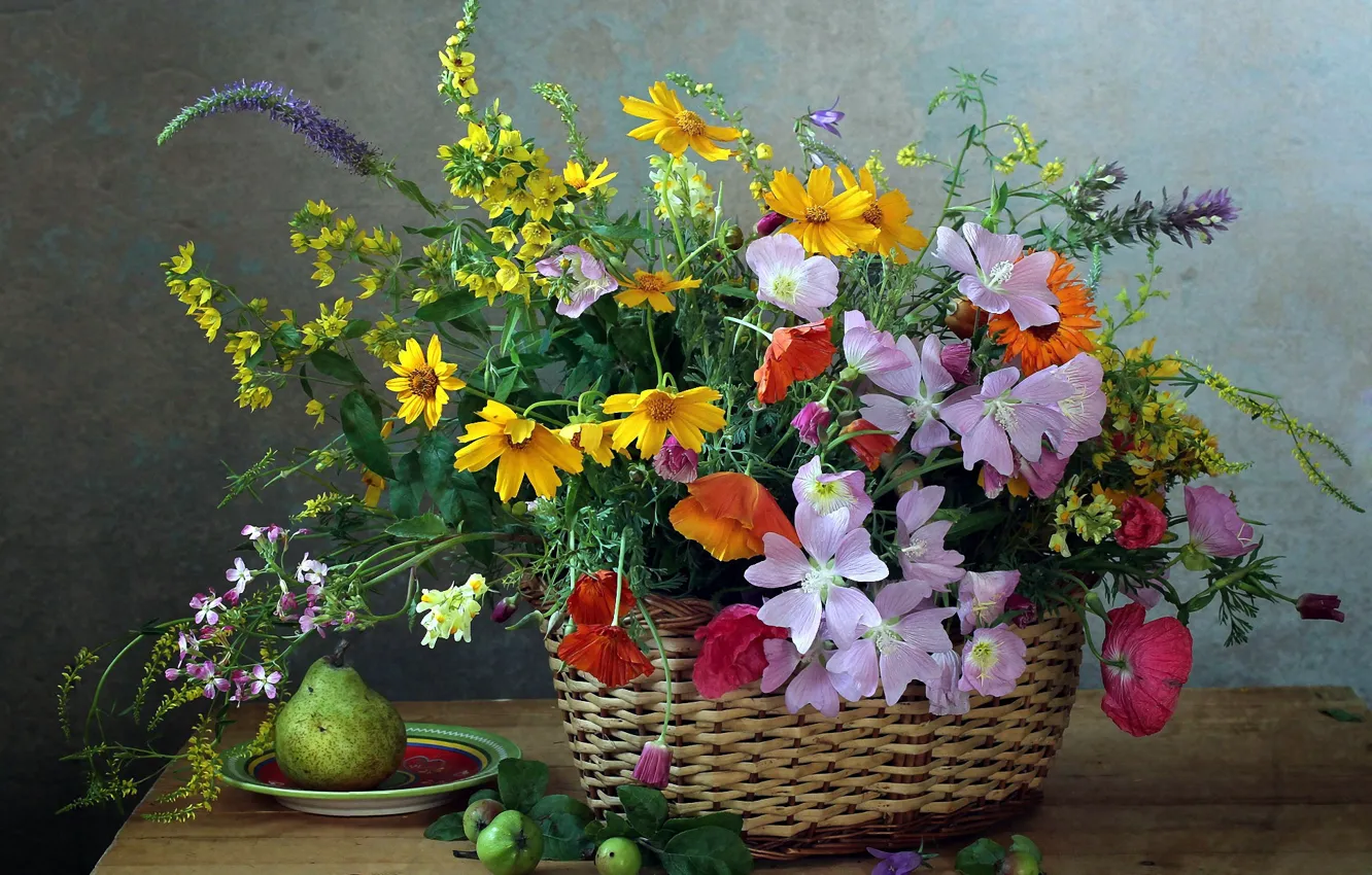 Фото обои цветы, яблоки, букет, груша, натюрморт, блюдце, полевые цветы