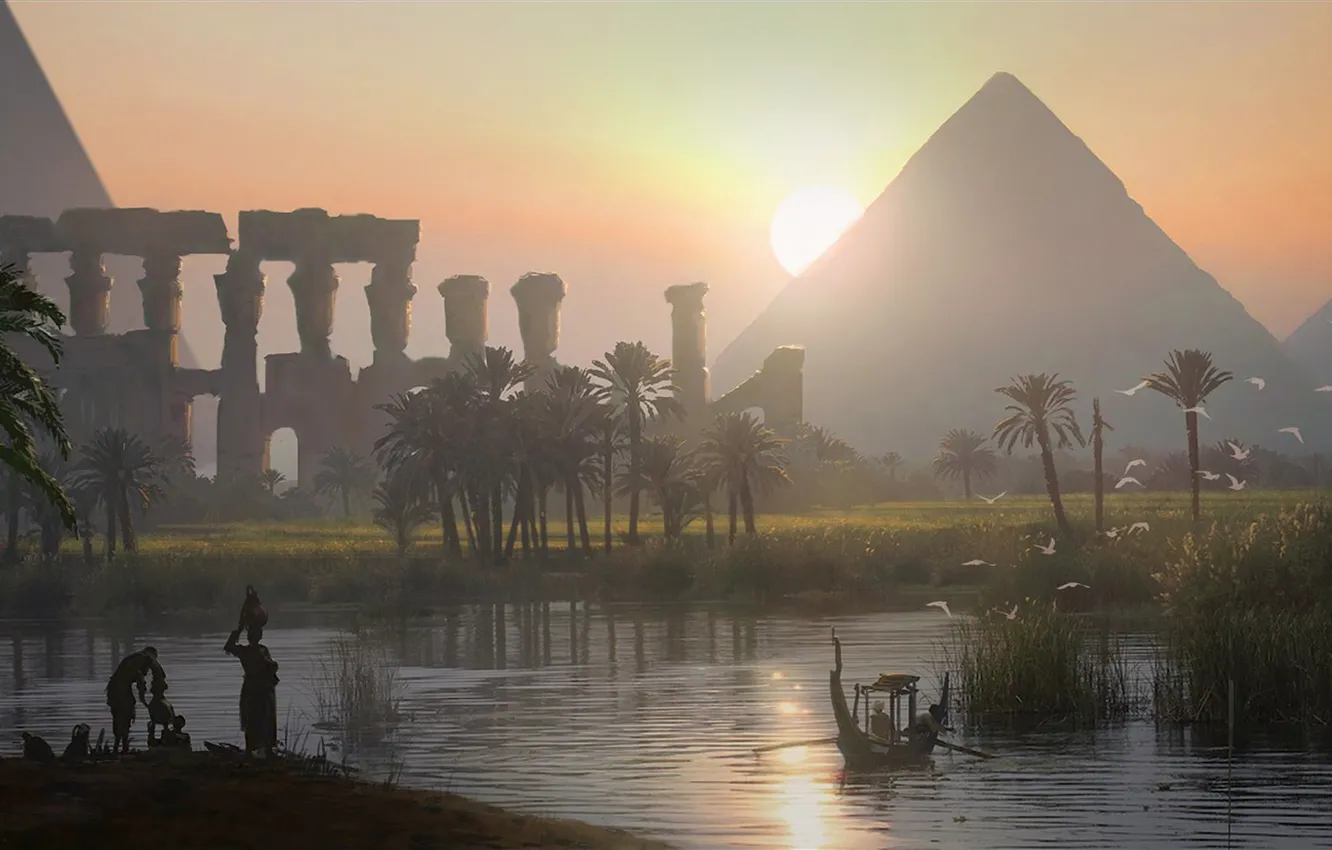 Фото обои пирамида, египет, Raphael Lacoste, Истоки, Assassin’s Creed Origins, Dusk on the Nile Valley