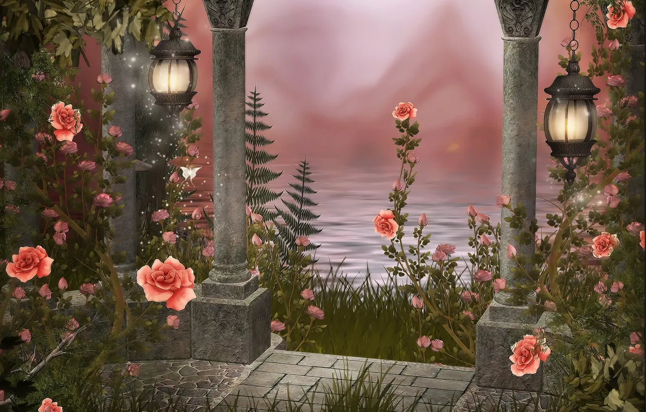 Фото обои вода, рисунок, фонари, колонны, Розы