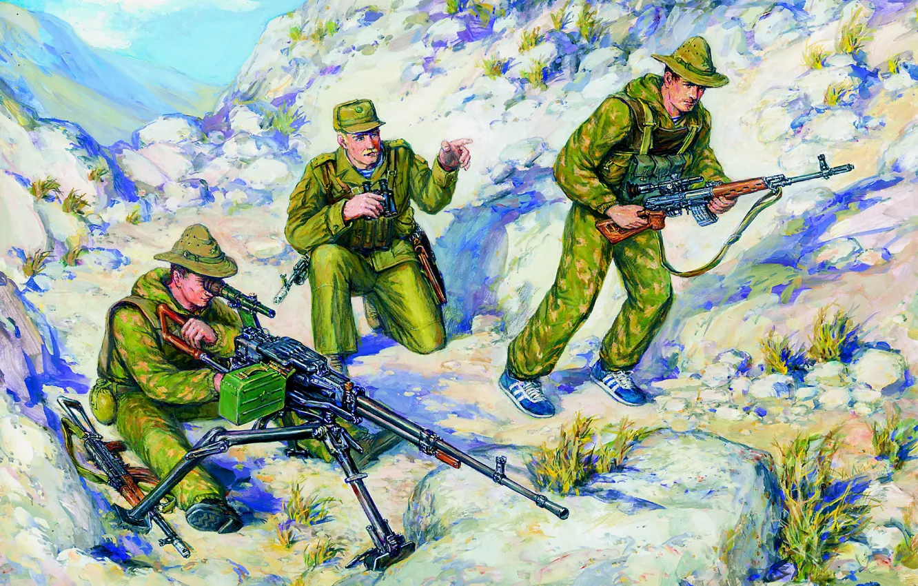 Фото обои Рисунок, СВД, НСВ, Советская Армия, AКС-74, "Утёс", Война в Афганистане