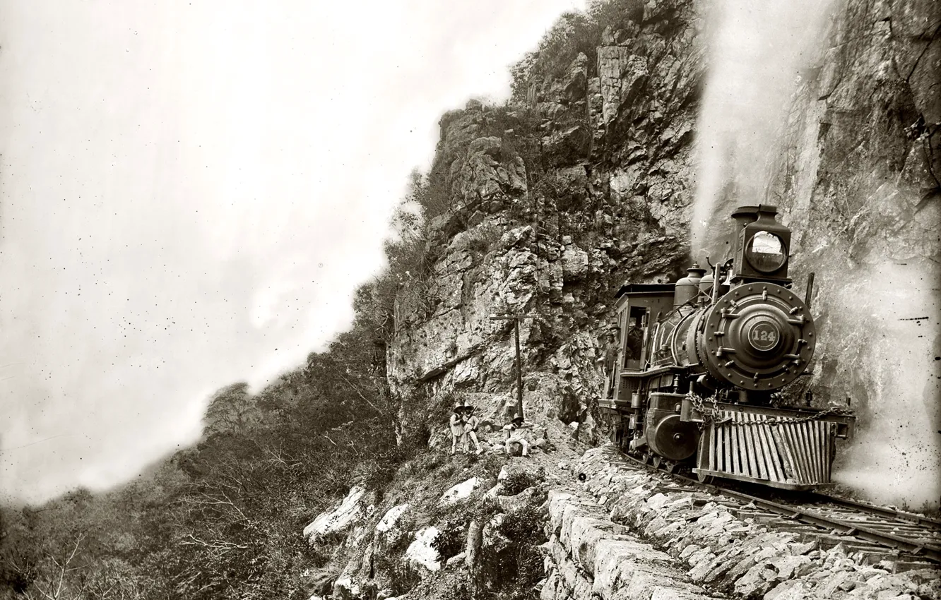 Фото обои ретро, скалы, поезд, паровоз, США, 1890-й год