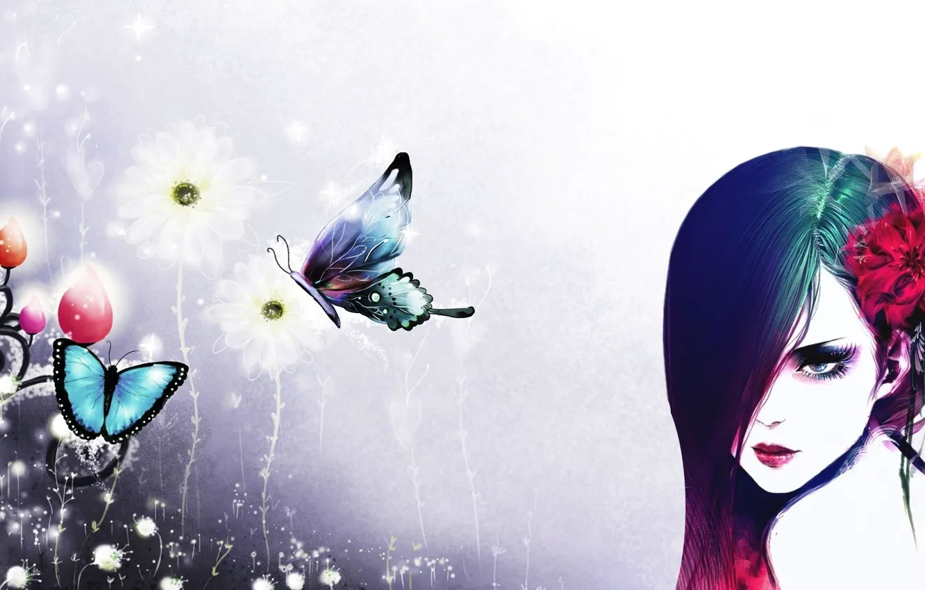 Фото обои девушка, бабочки, цветы, белый фон, artwork
