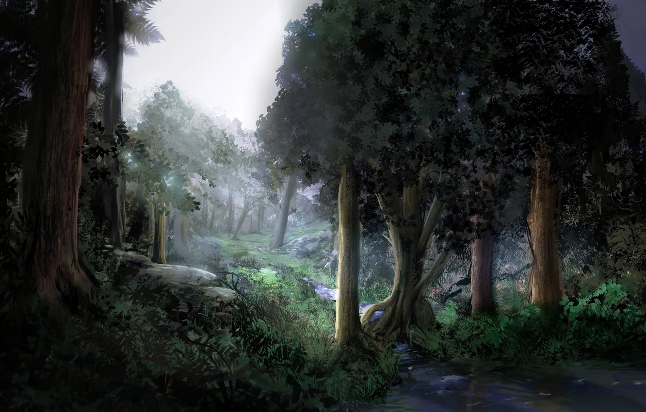Фото обои лес, вода, деревья, ручей, камни, чаща, арт