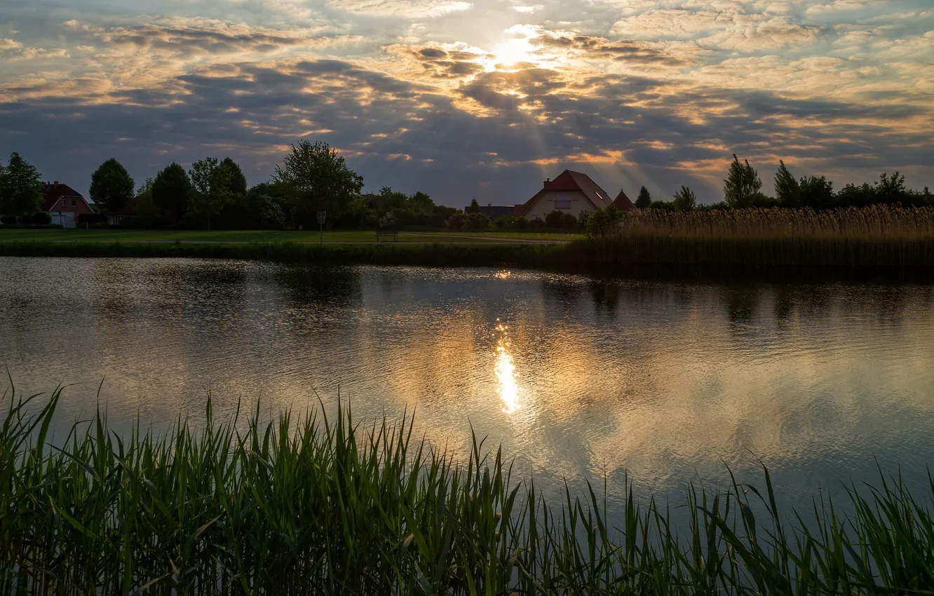Фото обои трава, солнце, облака, свет, деревья, закат, озеро, дом