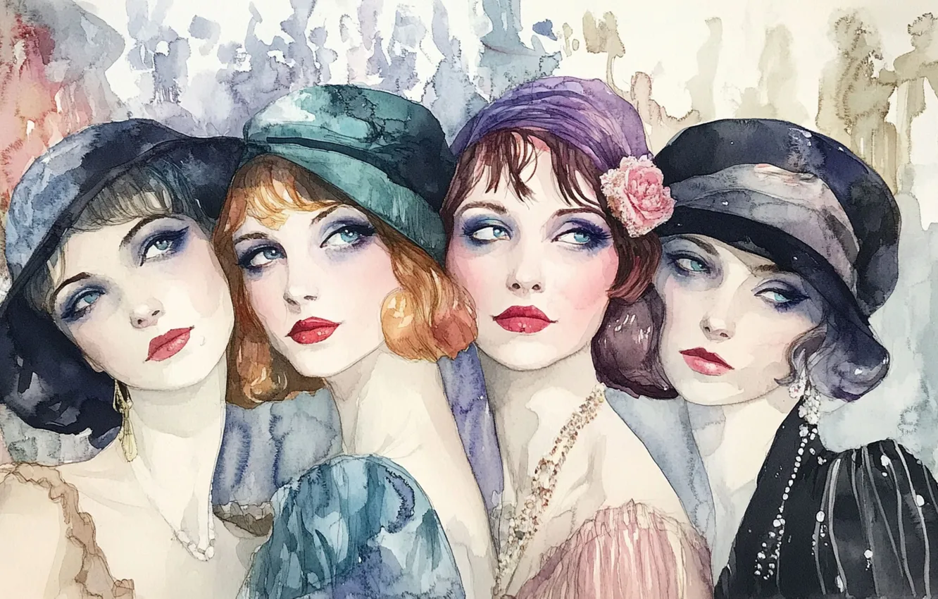 Фото обои взгляд, ретро, портрет, макияж, брюнетка, акварель, наряд, шатенка