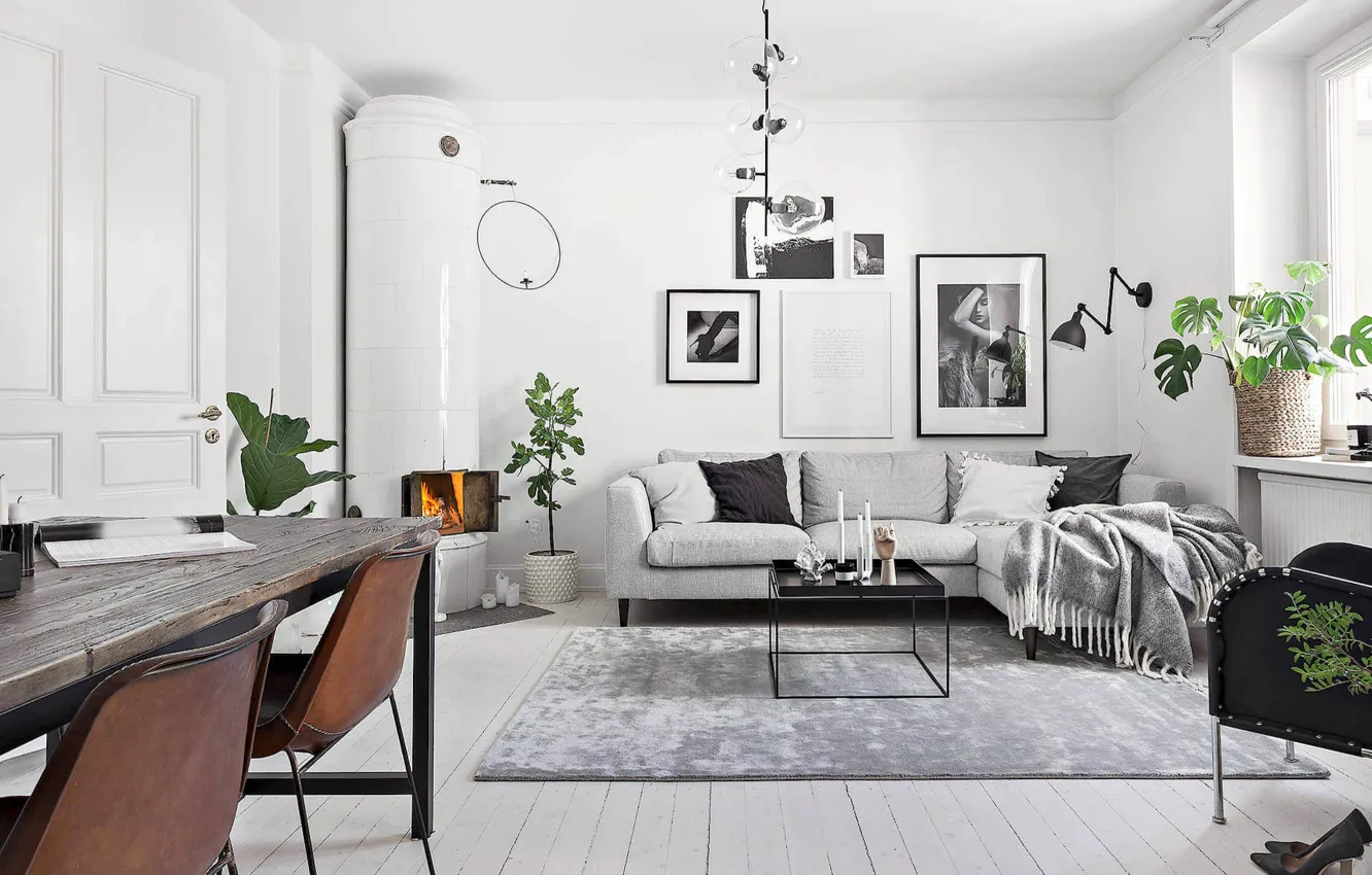 Фото обои интерьер, камин, гостиная, столовая, скандинавский стиль, Apartment in Stockholm, by Deco STHLM