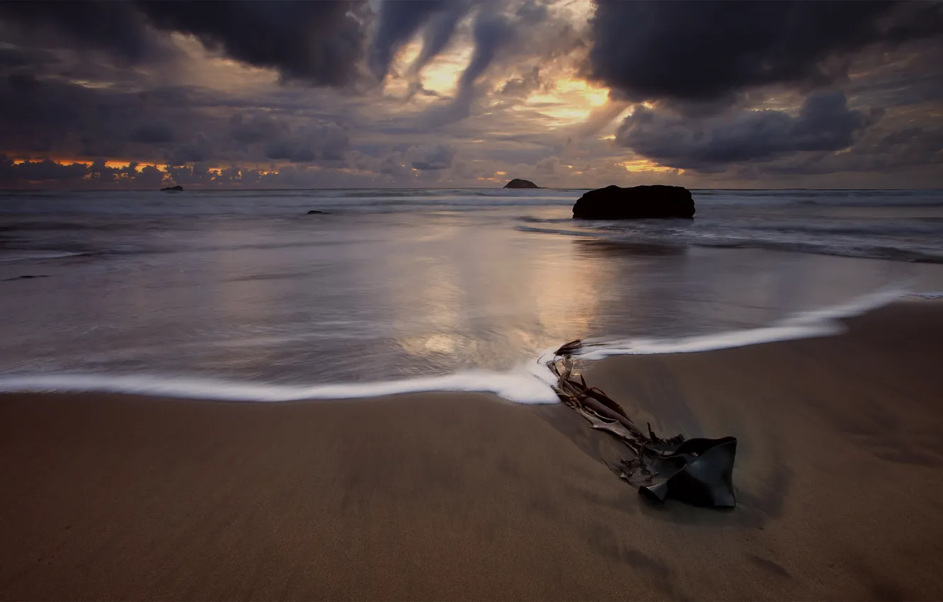 Фото обои песок, море, небо, вода, облака, закат, Пляж, Новая Зеландия