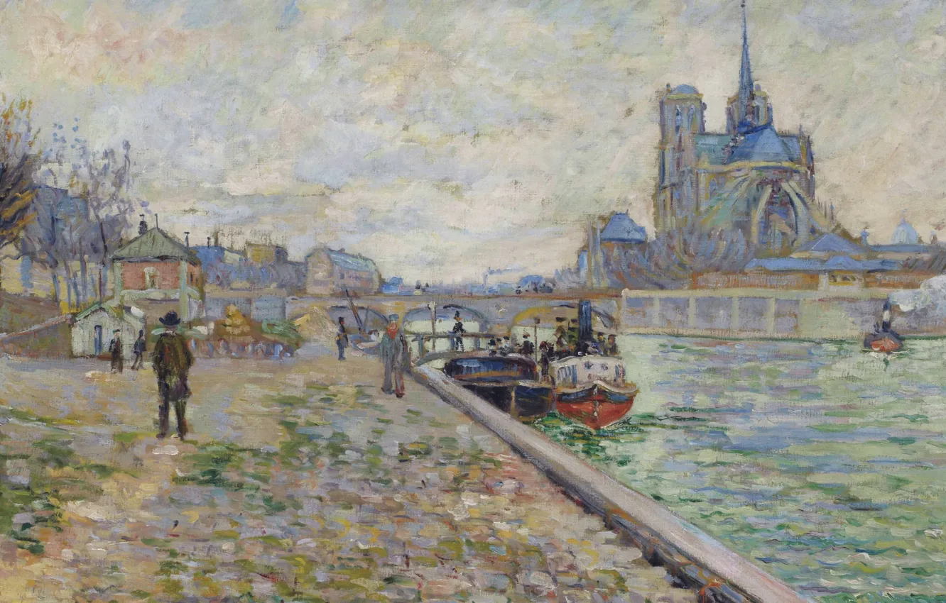 Фото обои река, картина, Сена, собор, городской пейзаж, Поль Синьяк, Париж. Набережная Турнель